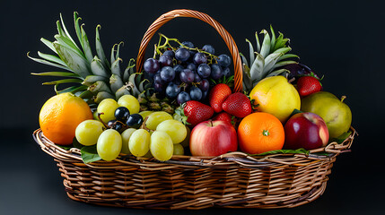 Basket of fresh fruits isolated on black background. Healthy food.