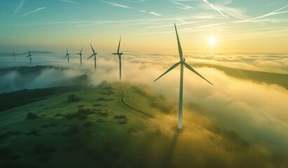 Aerial view of wind turbines standing on a misty hill with fog in the background