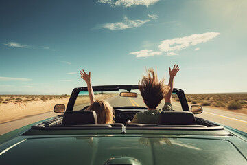 rear view photo Happy couple driving on a rural road with hands raised. Created with AI