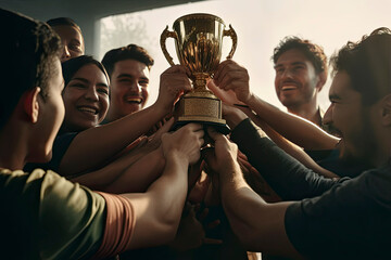 team in the locker room holding the trophy cup for winning. Created with AI