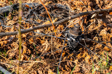 used bike parts, chain, wheel and sprockets thrown into the leaves