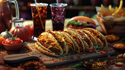 Image marketing: pizza, fast food, fries, burgers, tacos, drinks, squares, purchase motivation setting situations remain realistic.