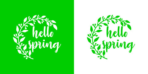 Logo con texto manuscrito hello spring con silueta de corona de bayas y hojas para tarjetas y felicitaciones