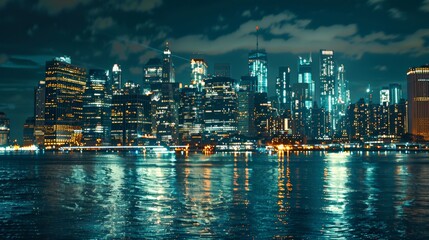 Fototapeta premium Night view of New York City, buildings are large, distant view