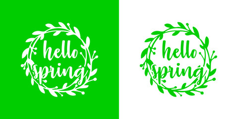Logo con texto manuscrito hello spring con silueta de corona de bayas y hojas para tarjetas y felicitaciones