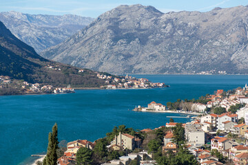 Naklejka premium Coastal view on a sunny winter day on the Bay of Kotor, Montenegro
