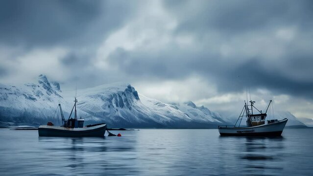 Majestic mountains capped with snow and fishing boats floating on a calm sea depict the chilly stillness of a winter's day.
