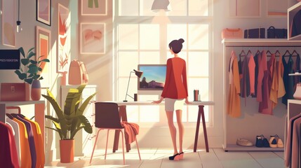 A woman goes live and sells clothes online using a computer. Decorate the room in a minimalist style with light coming in through the windows.