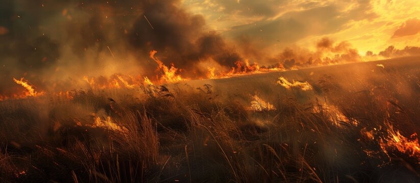 A fire rages uncontrolled in the middle of a vast field, devouring everything in its path. The dry grass ignites with the force of elemental fire, fueled by the wind, creating a dangerous and
