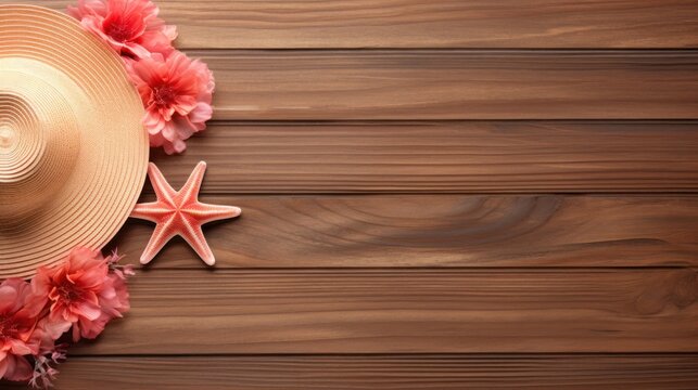 Summer beach hat and starfish arranged on a wooden board with space for text