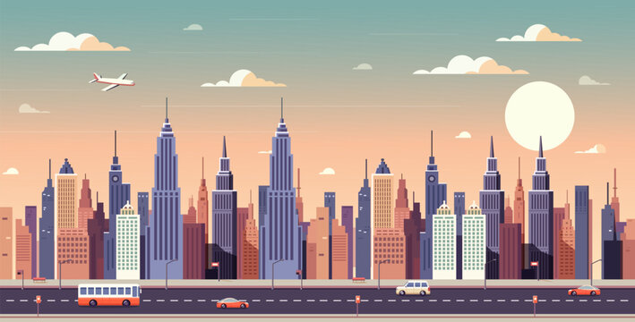 A city skyline with a bus and a plane flying in the sky. The sky is cloudy and the sun is setting. Vector illustration