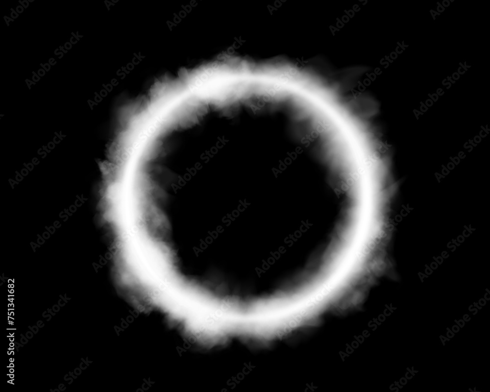 Wall mural Magical geometric circle neon portal shrouded in light smoke. Round glowing frame, futuristic teleporter. light effect. Bright lights illuminate a night scene on a black background. Runway light effec