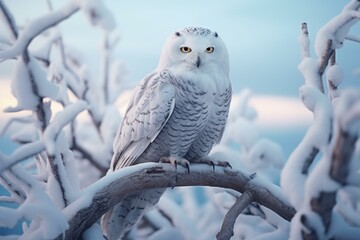 Snowy owl tree branch. Winter raptor. Generate Ai