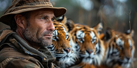 In the wilderness, a dedicated ranger faces a majestic Bengal tiger, highlighting wildlife protection.