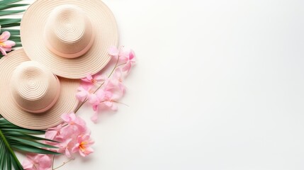 Summer hat with pink flowers arranged on a peach background with copy space