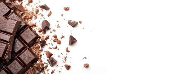A piece of chocolate on a white background with a distinct bite mark on its surface. The rich brown...