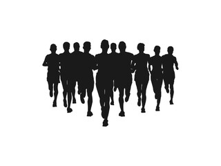 Running men and women, vector set of isolated silhouettes. Marathon race, sport and fitness design template with runners and athletes in flat style. vector icon symbol isolated on white background.