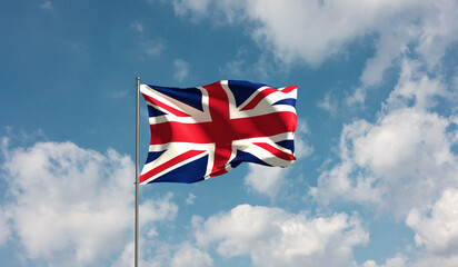 Flag United Kingdom against cloudy sky. Country, nation, union, banner, government, British culture, politics. 3D illustration