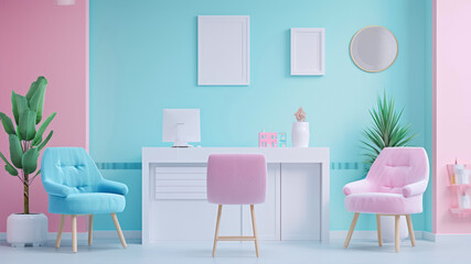 Interior of modern living room in pink and blue colors