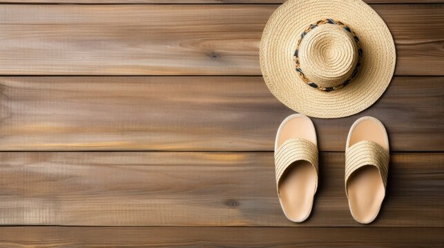 Summer beach hat and starfish arranged on a wooden board with space for text
