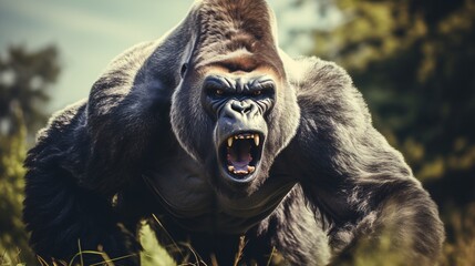 a gorilla with its mouth open - obrazy, fototapety, plakaty