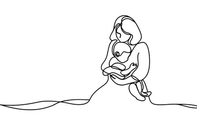Vector image of a mother with a child in her arms, in a linear style. One line.