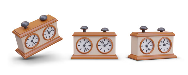 Set of 3D chess clocks in different positions. Device for measuring duration of game