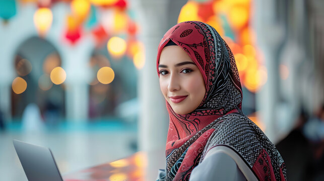 Radiant young woman with a beaming smile, wearing an ornate hijab, against a backdrop of colorful lights