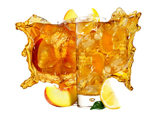 Peach and Lemon Ice Tea with Splash isolated on white Background - 751342811