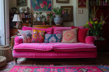 Colorful pillows on a pink sofa in the living room.