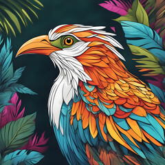 Fototapeta premium Cute bird illustration in jungle, green plant covered jungle background 