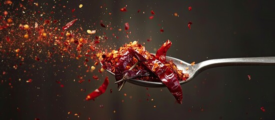 A spoon full of food is seen flying through the air amidst a colorful display of exquisite crayfish and shrimp dancing among vibrant lotus leaves. The scene captures a moment of movement and vibrancy.