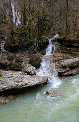 Waterfall and river in mountain forest, autumn-winter season. beautiful nature background. mystical Mossy Forest landscape. harmony of nature. 