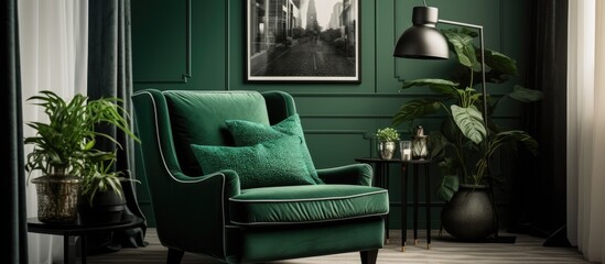 A sophisticated living room featuring emerald green walls and a matching armchair with a pillow. The room is decorated with black and white posters on the walls, creating a modern and stylish
