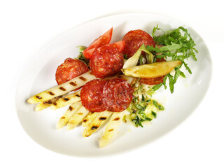 Grilled white Asparagus with Butter and roasted Salami Slices - 751343019