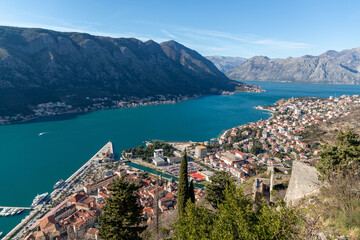 Fototapeta premium Coastal view on a sunny winter day on the Bay of Kotor, Montenegro