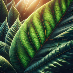 Gree leaf close-up shot, sunshine,  vivid representation, hyper-detailed scenes, World Earth Day