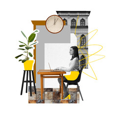 Modern aesthetic artwork. Young woman, assistant sitting at desk working using laptop in office...