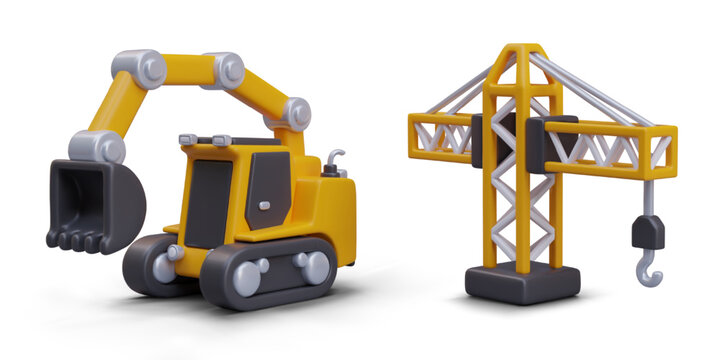 3D excavator with empty bucket, construction crane with hook