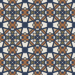 Bright color abstract geometric pattern in white blue orange beige, vector seamless