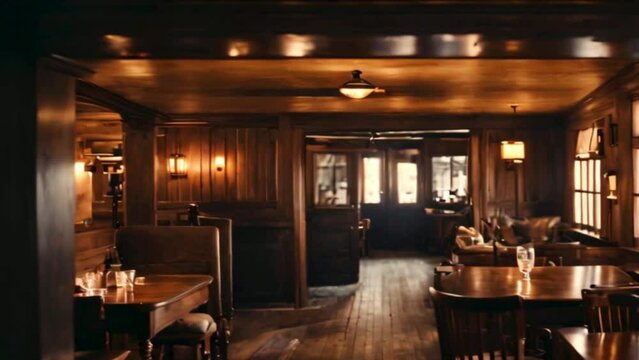 The blurred interior of an empty wooden caf&eacute;.