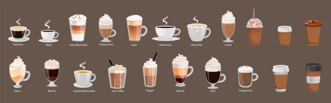 Various coffee drinks featured with different glassware. Variety of coffee drinks in different drinkware such as glasses and cups. Vector illustration