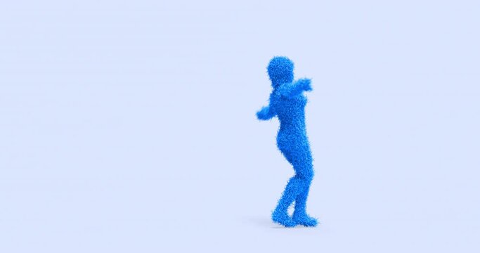 Blue 3D Hairy Fur Female Character Dancing Slowly On Empty Stage. Perfect Loop. Dance And Entertainment Related 3D Abstract Animation.