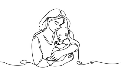 Vector image of a mother hugging a baby in her arms, in a linear style.
