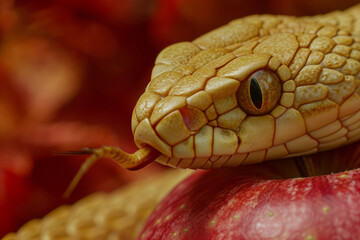 A snake slithers menacingly atop a vibrant red apple, its sinuous body contrasting sharply with the fruit's smooth surface.