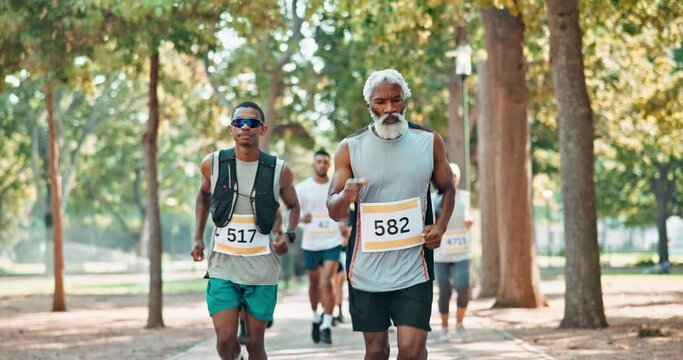 Group, marathon and mature man running to exercise on road outdoor for cardio, wellness or healthy body. Athlete, crowd and fitness in race competition, workout or energy for sports contest at park