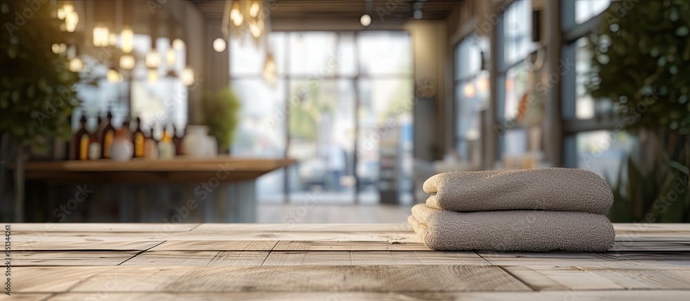 Aufkleber a neat stack of towels sits on top of a wooden table in a barber shop setting, with a blurred backdr
