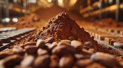 Close-up of a space cocoa powder processing plant, cinematic