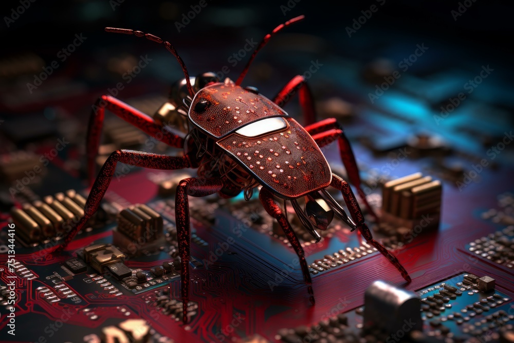 Poster software bug robot. virus sign. generate ai