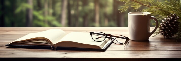 Old book and eye glasses for read and write over blurred nature outdoor background with copy space,selective focus ,education concept